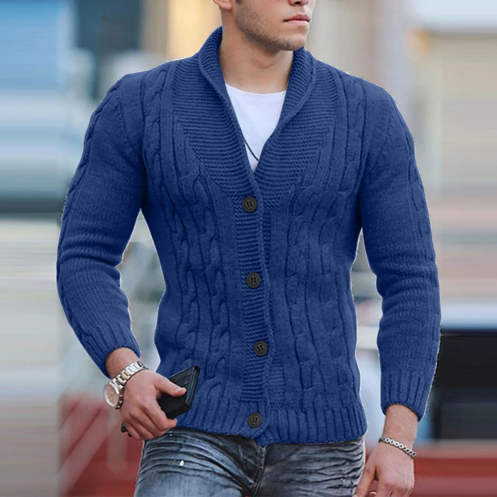Men's Cable Knit Shawl Collar Cardigan, Button-Front Classic Knitwear