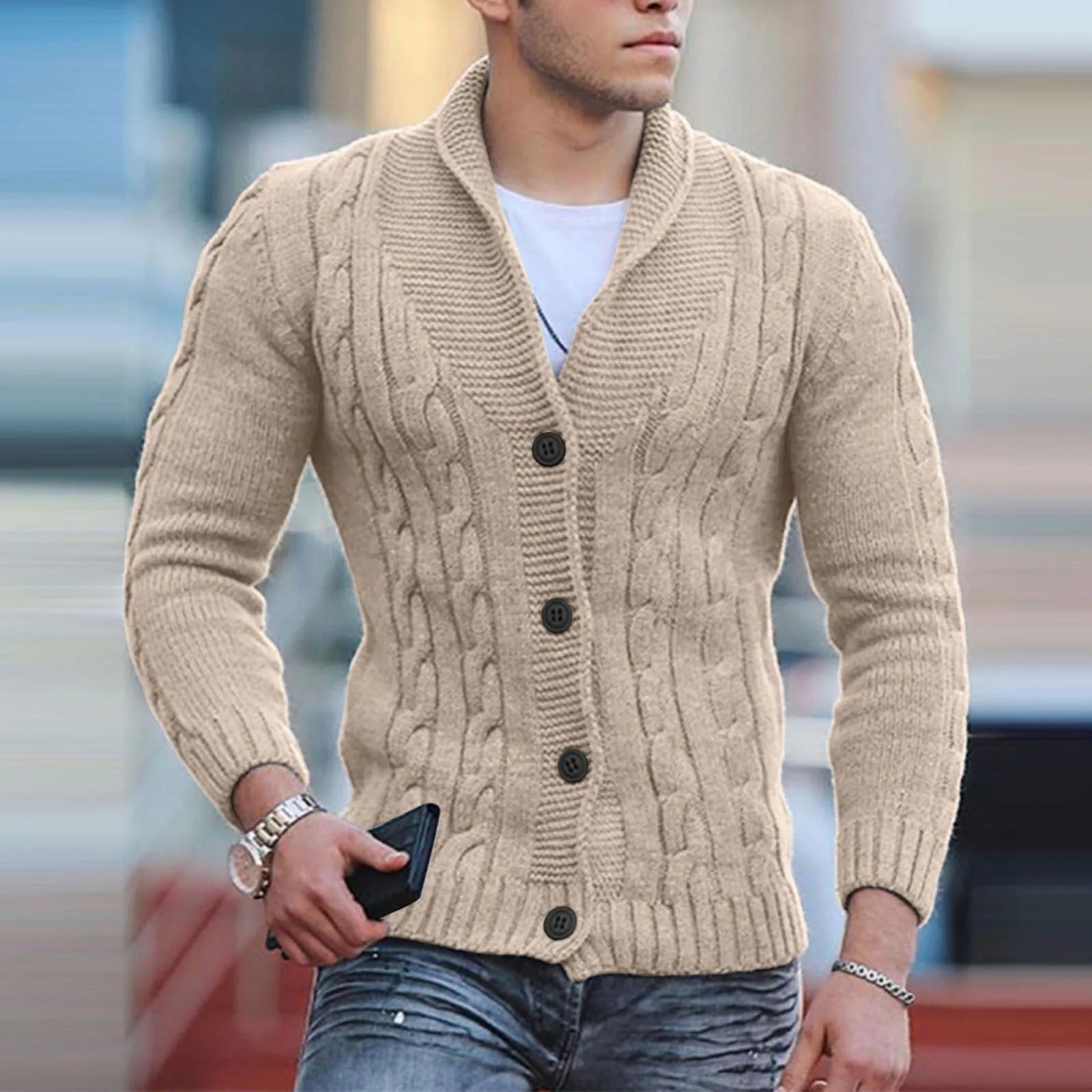 Men's Cable Knit Shawl Collar Cardigan, Button-Front Classic Knitwear