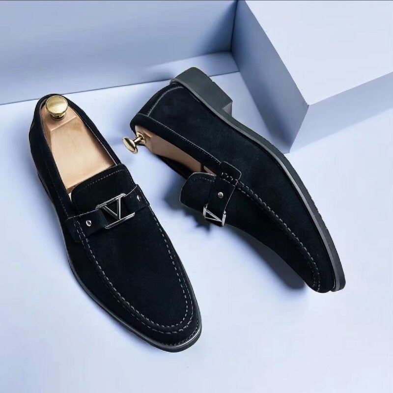 Men's Suede Loafers V Buckle Hardware Slip On Smart Casual