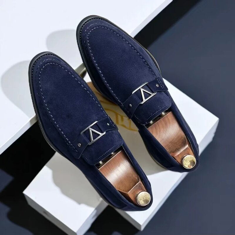 Men's Suede Loafers V Buckle Hardware Slip On Smart Casual