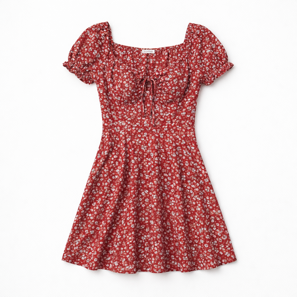 Mini Dress Floral With Puff Sleeves And Front Tie - Baby Blue / L
