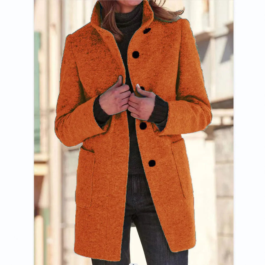 Women's Stand Collar Longline Coat, Single-Breasted Straight Fit Jacket with Pockets