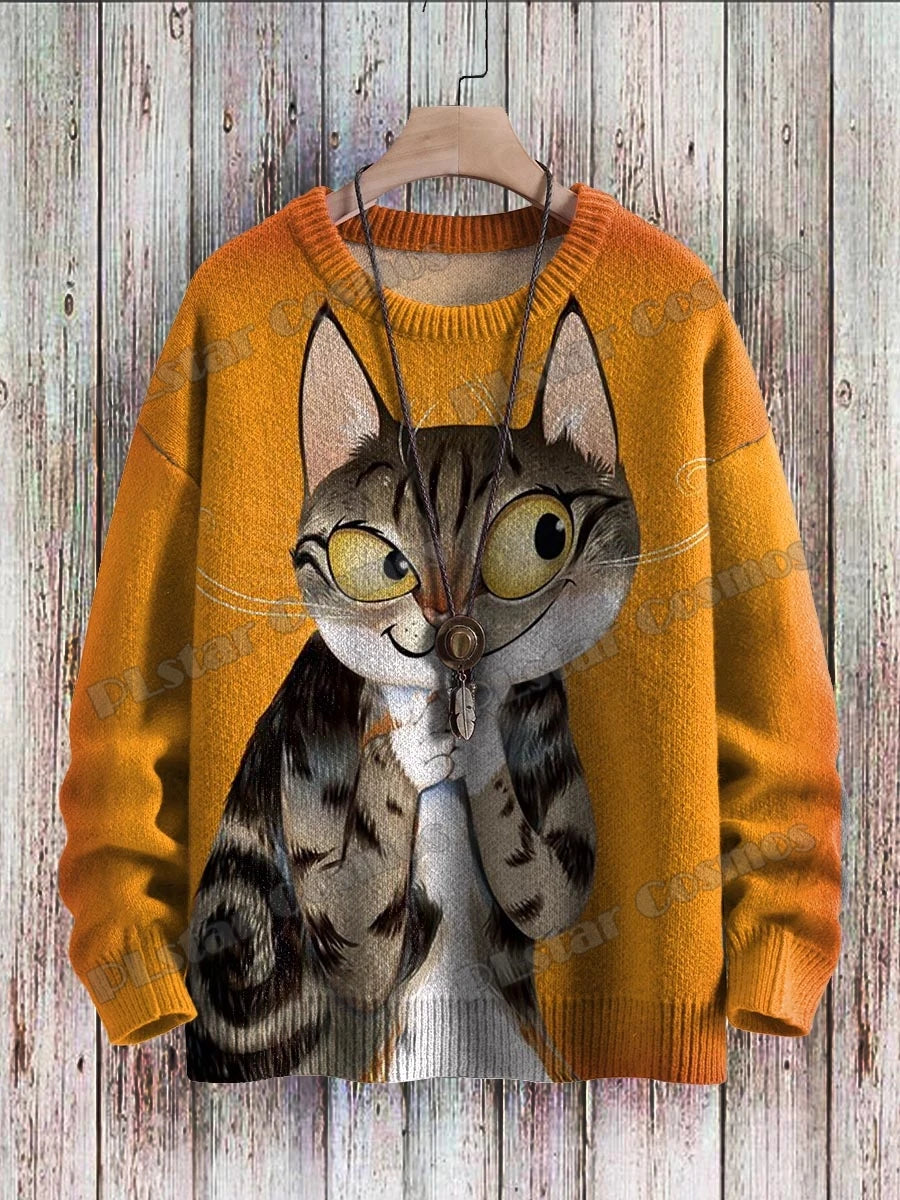 Men's Crew Neck Printed Jumper, Multicolour Abstract Pattern Knitted Pullover