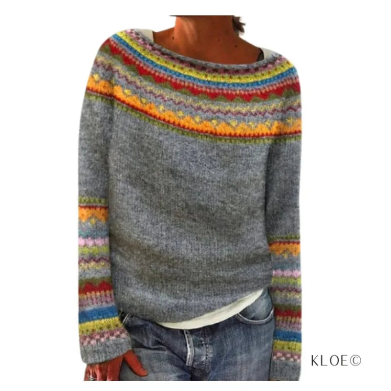 Women's Fair Isle Jumper, Crew Neck Yoke Pattern Loose Fit Knitwear