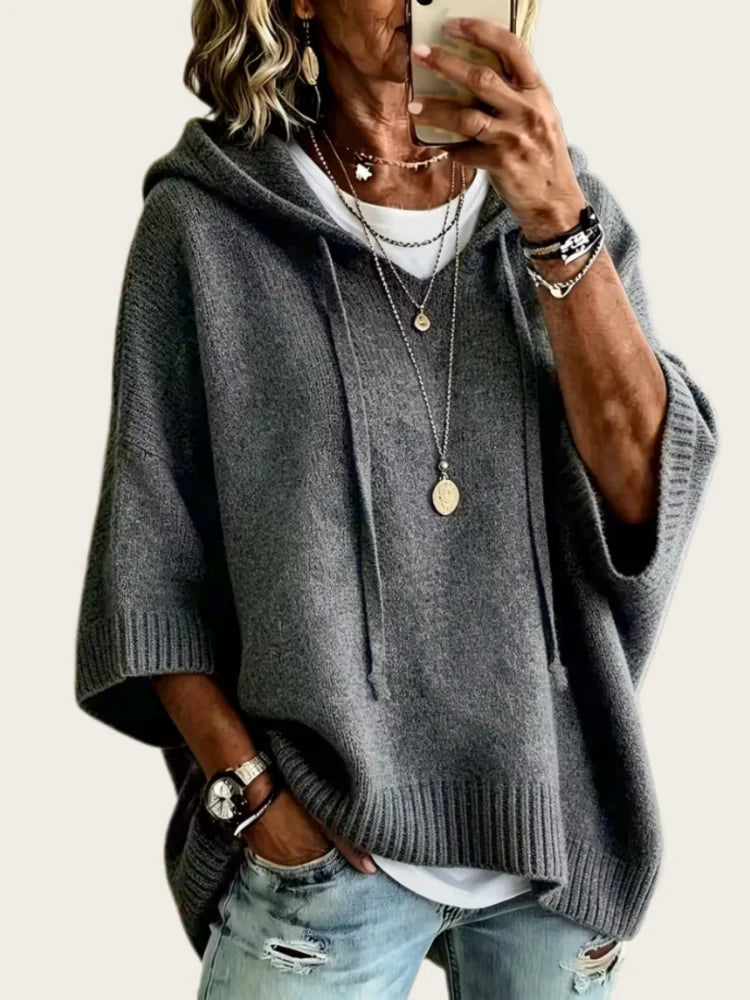 Women's Hooded Poncho Jumper, Oversized Batwing Sleeve Knit Pullover