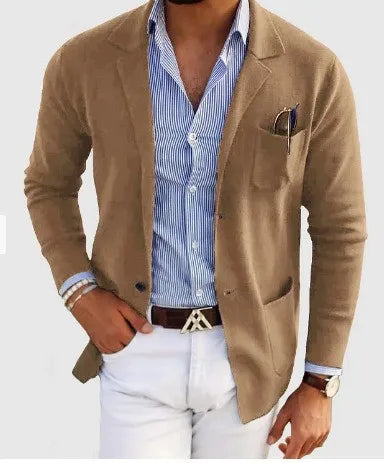 Men's Knitted Blazer Coat, Notch Lapel Single-Breasted Outerwear with Patch Pocket