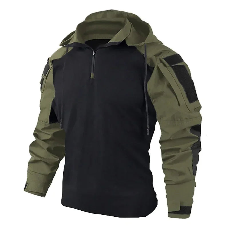 Men's Tactical Combat Jacket, Camo Hooded Pullover with Elbow Pad Detailing