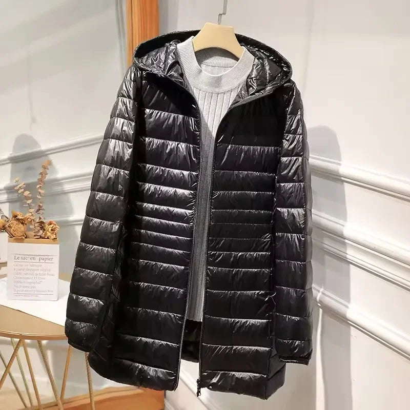 Women's Lightweight Packable Down Jacket, Long Quilted Coat with Stand Collar