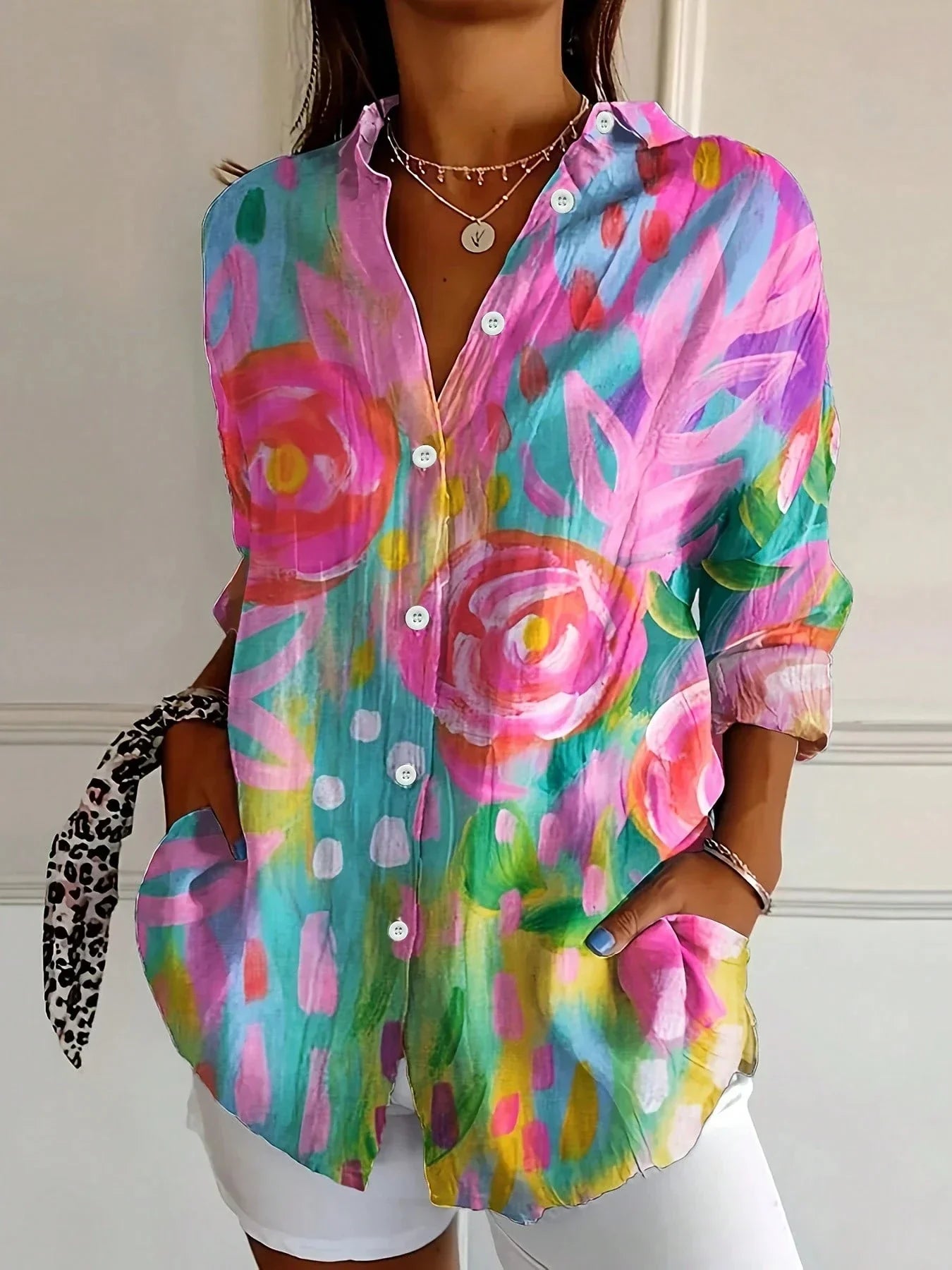 Women's Printed Blouse Woven Fabric Button Down Long Sleeve Relaxed Fit