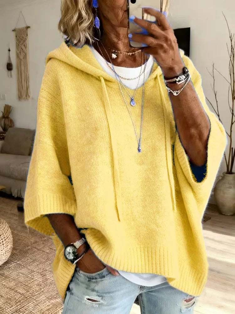 Women's Hooded Poncho Jumper, Oversized Batwing Sleeve Knit Pullover