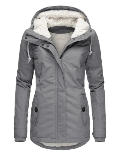 Women's Fleece Lined Hooded Coat, Quilted Winter Jacket with Asymmetric Zip