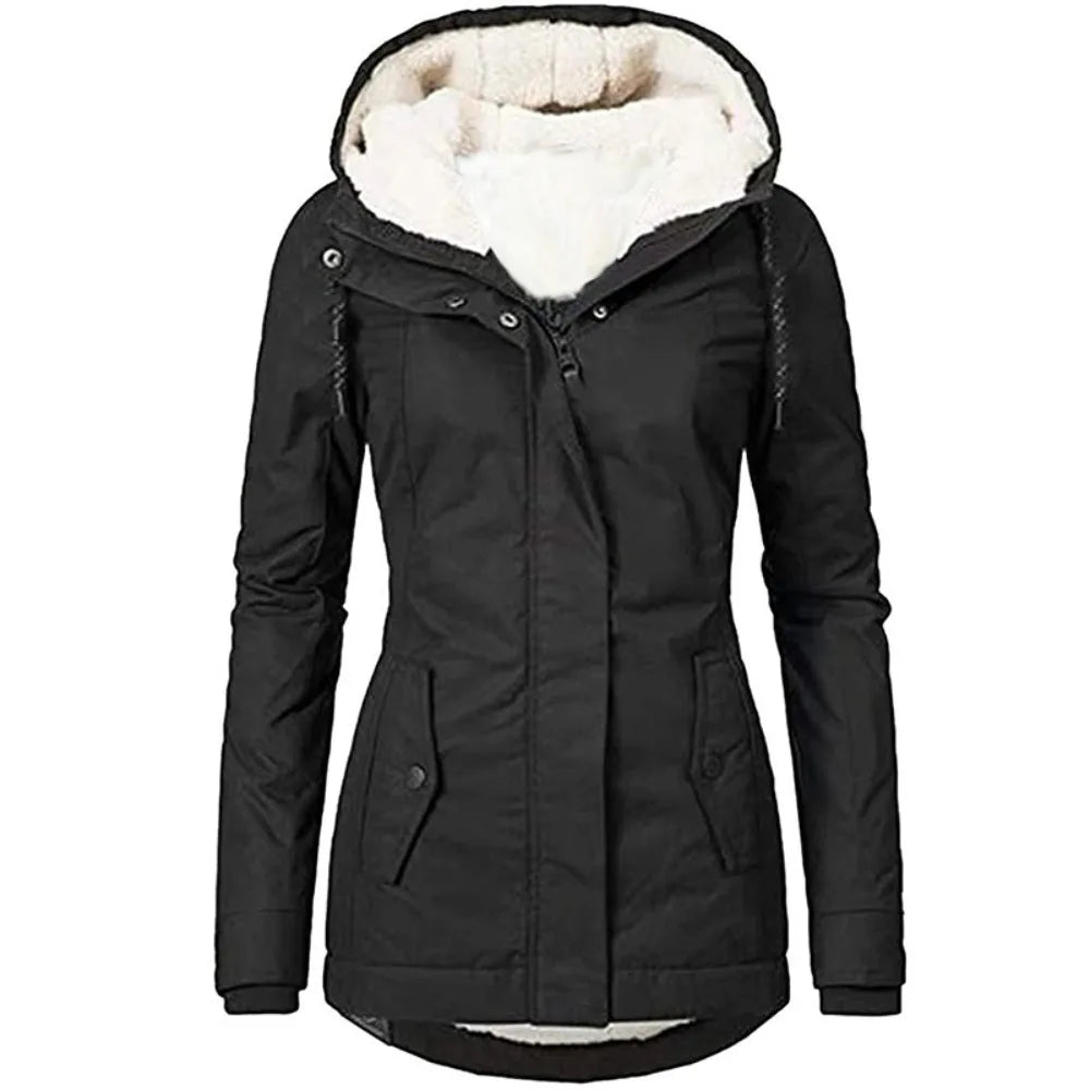Women's Fleece Lined Hooded Coat, Quilted Winter Jacket with Asymmetric Zip