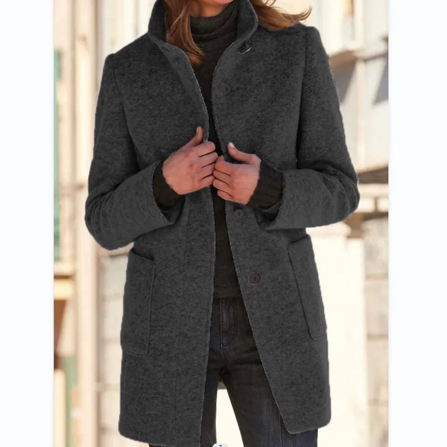 Women's Stand Collar Longline Coat, Single-Breasted Straight Fit Jacket with Pockets