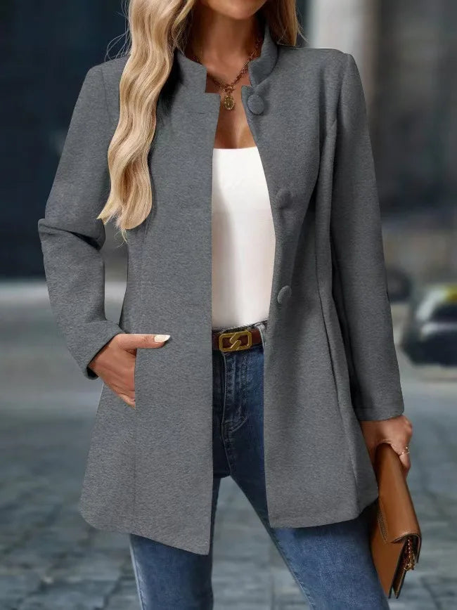 Women's Stand Collar Pea Coat, Single-Breasted Mid-Length Tailored Coat