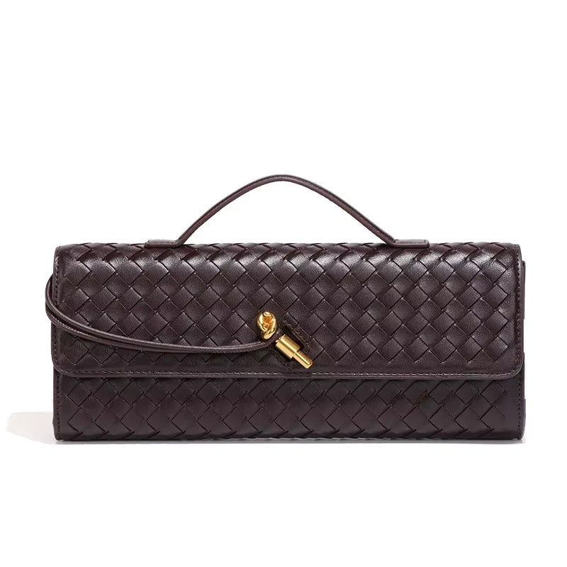 Women’s Woven Faux Leather Clutch Bag with Top Handle, Flap Closure and Metal Fastening