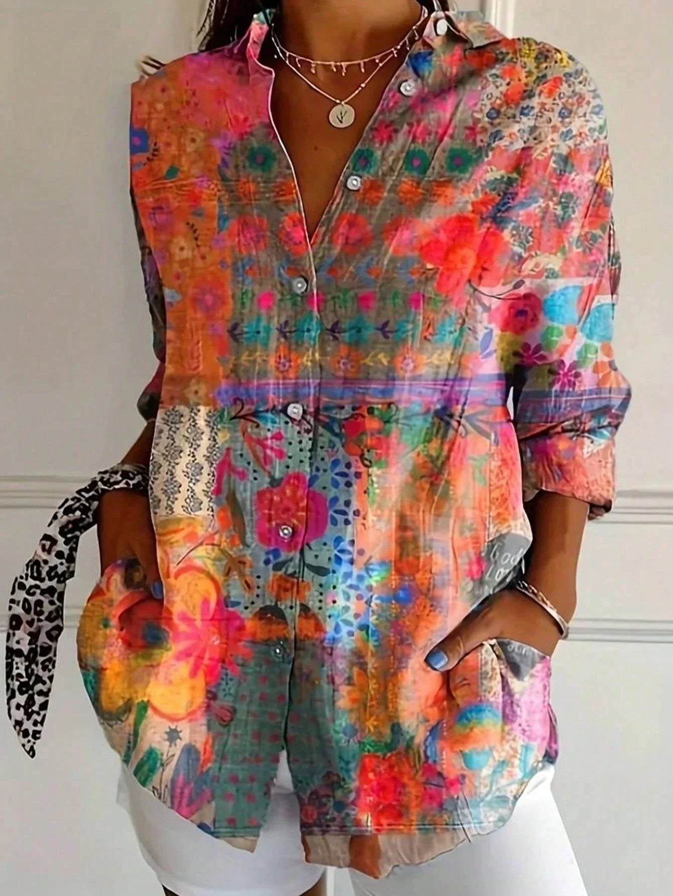 Women's Printed Blouse Woven Fabric Button Down Long Sleeve Relaxed Fit