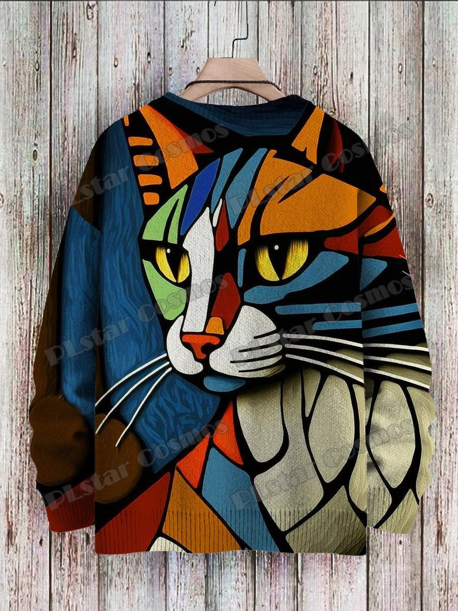 Men's Crew Neck Printed Jumper, Multicolour Abstract Pattern Knitted Pullover