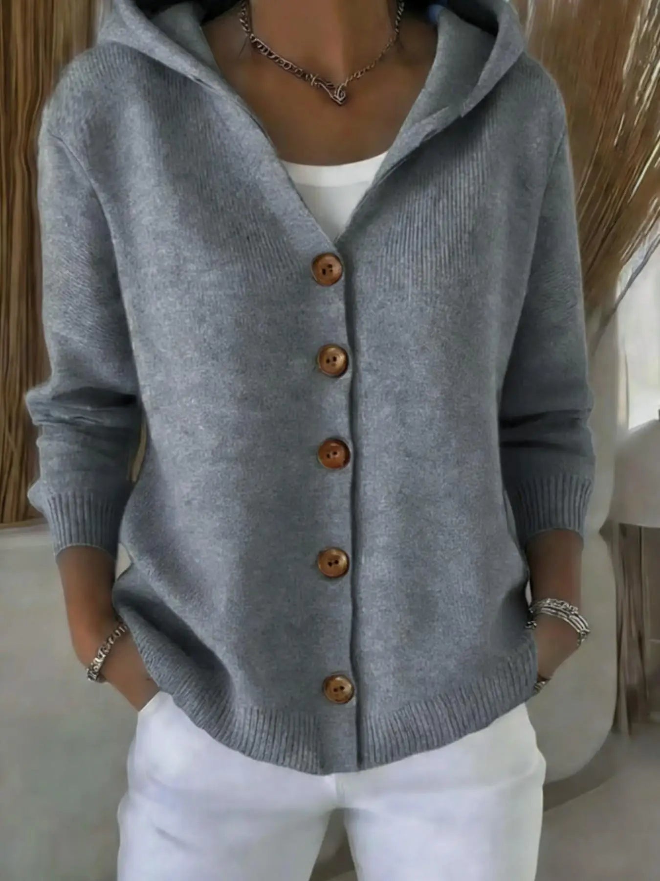 Women's Hooded Knitted Cardigan, Button-Front Loose Fit Knit Jacket
