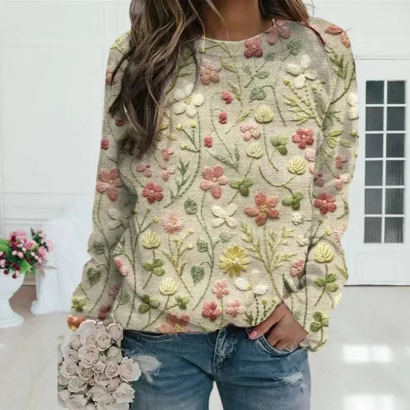 Women's Fair Isle Jumper, Crew Neck Yoke Pattern Loose Fit Knitwear