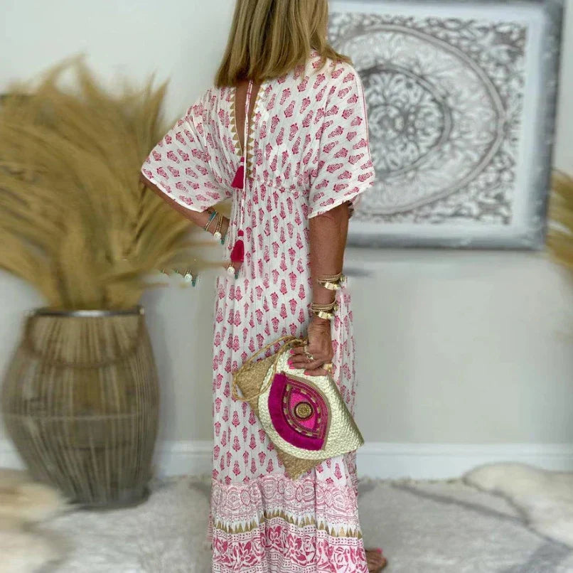 Women's Maxi Dress Woven Fabric Loose Fit V Neck Short Sleeve