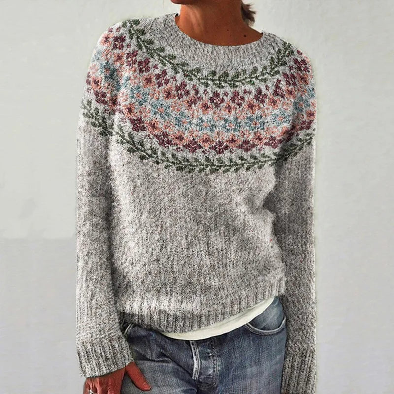 Women's Fair Isle Jumper, Crew Neck Yoke Pattern Loose Fit Knitwear