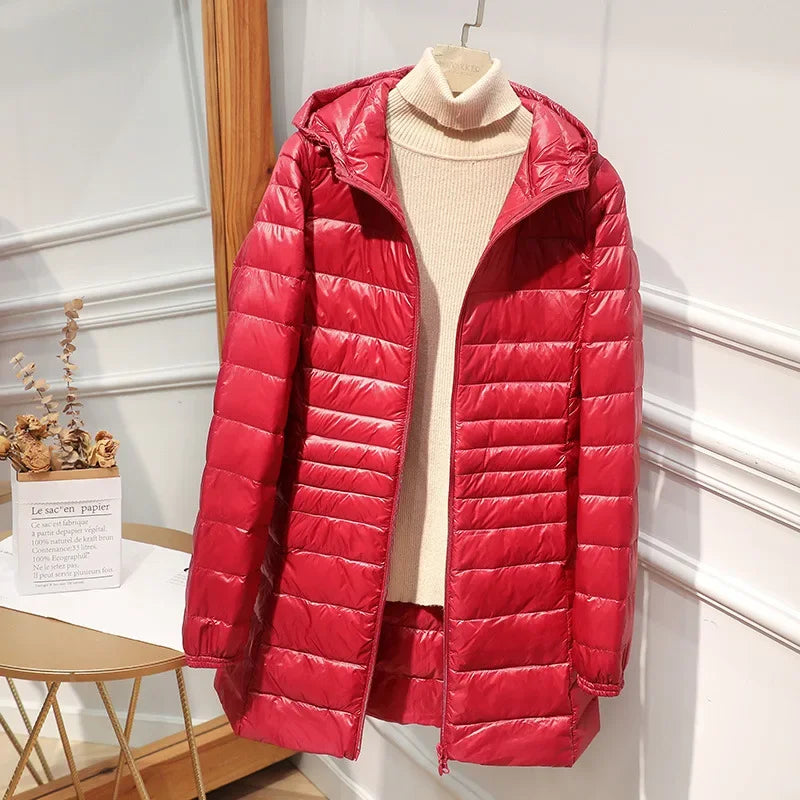 Women's Lightweight Packable Down Jacket, Long Quilted Coat with Stand Collar