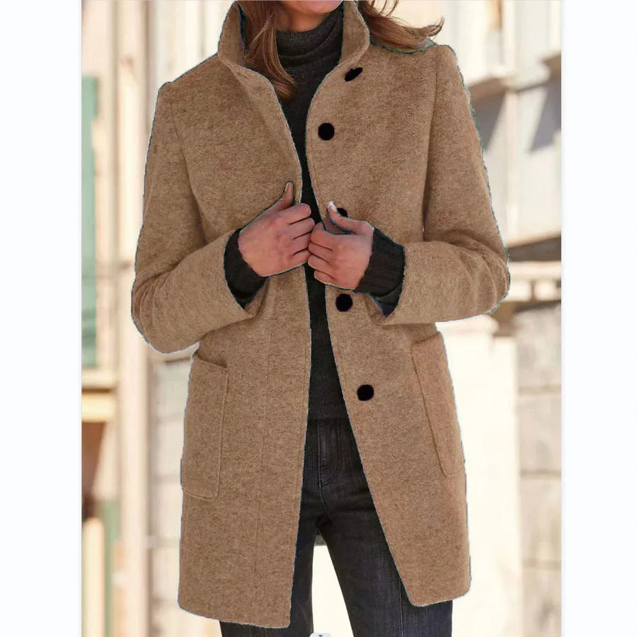 Women's Stand Collar Longline Coat, Single-Breasted Straight Fit Jacket with Pockets
