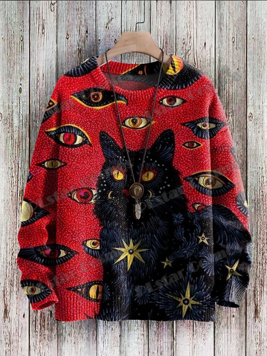Men's Crew Neck Printed Jumper, Multicolour Abstract Pattern Knitted Pullover