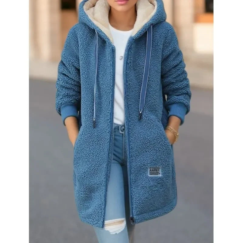 Women's Longline Borg Hooded Jacket, Drawstring Cardigan Coat with Pockets