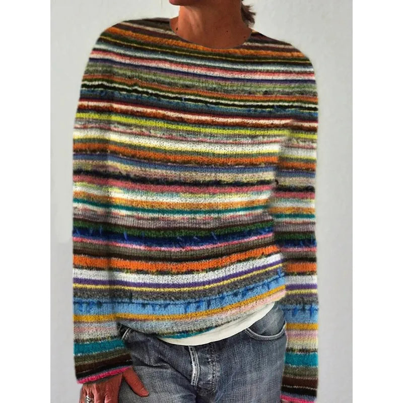 Women's Fair Isle Jumper, Crew Neck Yoke Pattern Loose Fit Knitwear