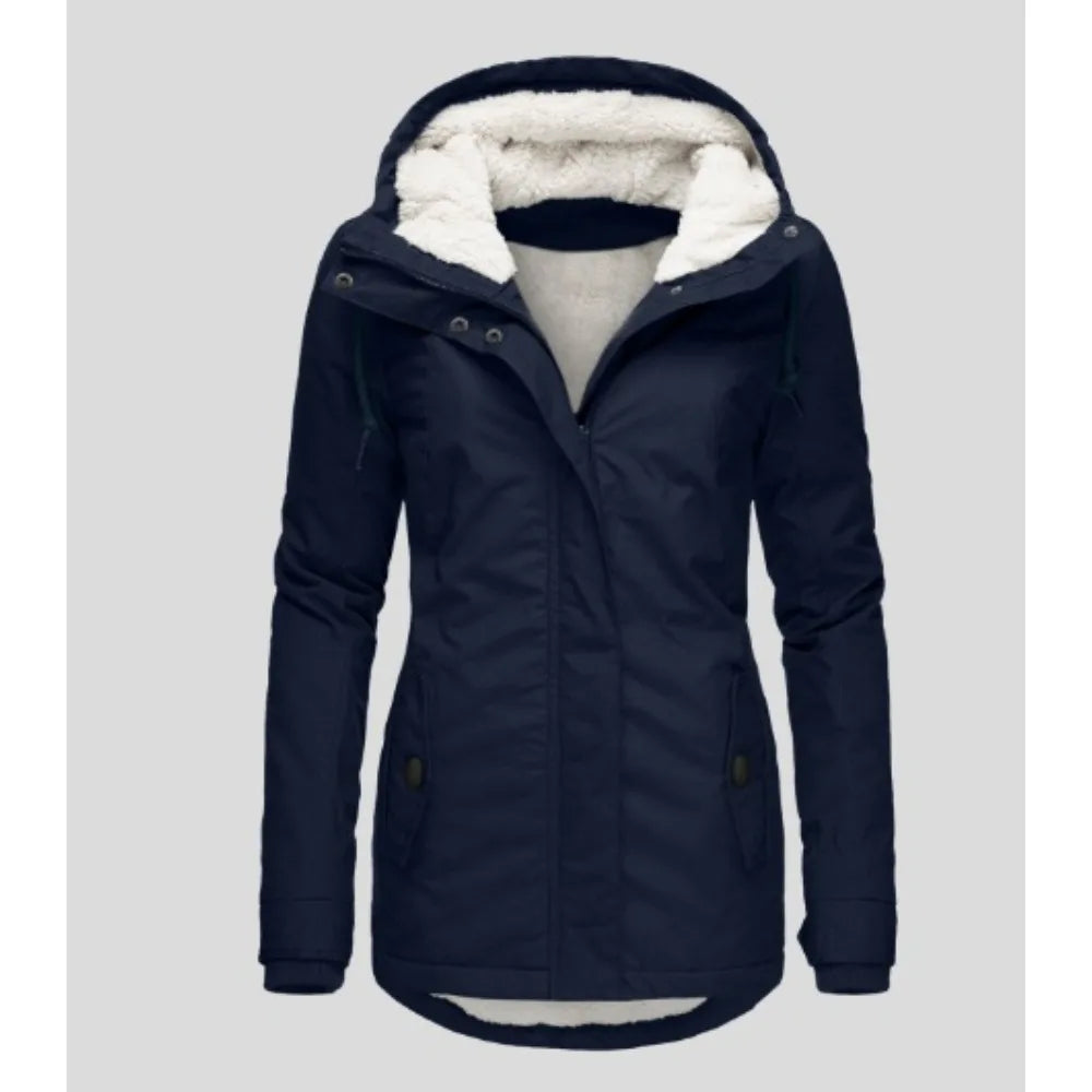 Women's Fleece Lined Hooded Coat, Quilted Winter Jacket with Asymmetric Zip