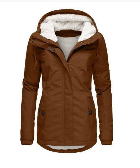 Women's Fleece Lined Hooded Coat, Quilted Winter Jacket with Asymmetric Zip