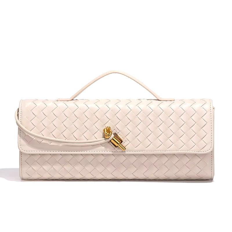 Women’s Woven Faux Leather Clutch Bag with Top Handle, Flap Closure and Metal Fastening