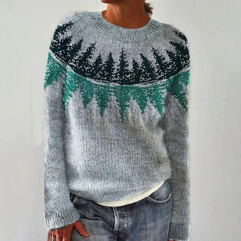 Women's Fair Isle Jumper, Crew Neck Yoke Pattern Loose Fit Knitwear