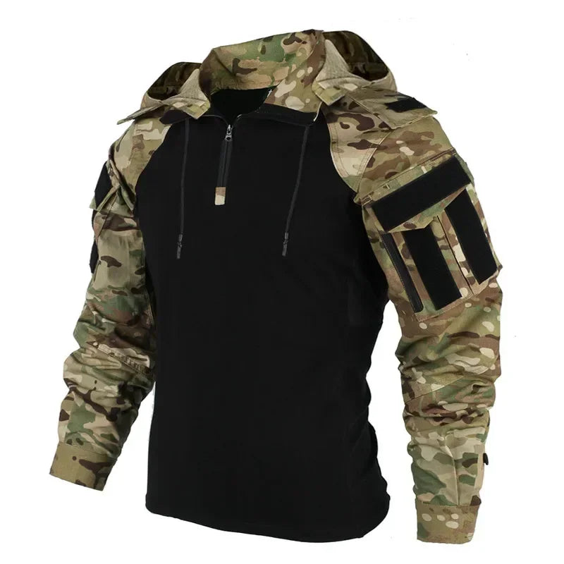 Men's Tactical Combat Jacket, Camo Hooded Pullover with Elbow Pad Detailing