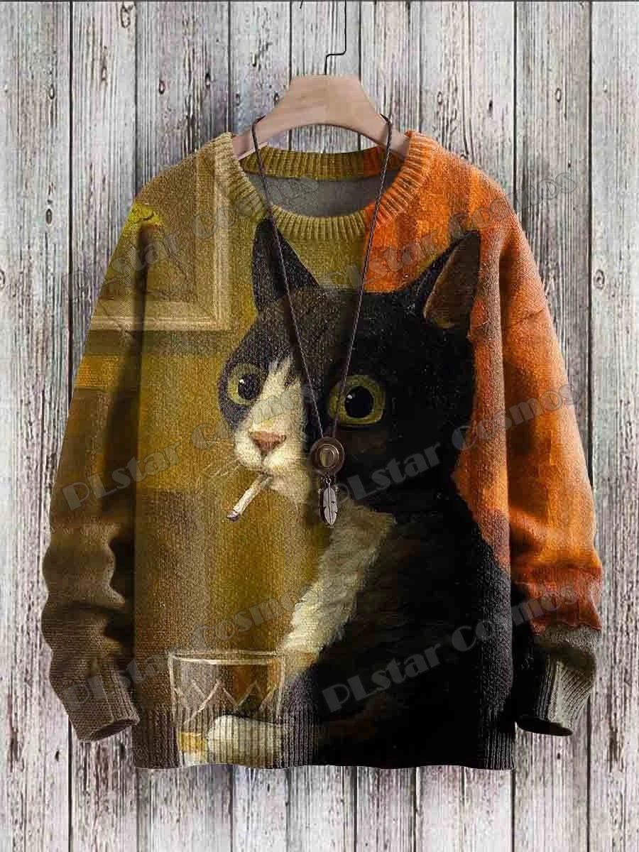 Men's Crew Neck Printed Jumper, Multicolour Abstract Pattern Knitted Pullover