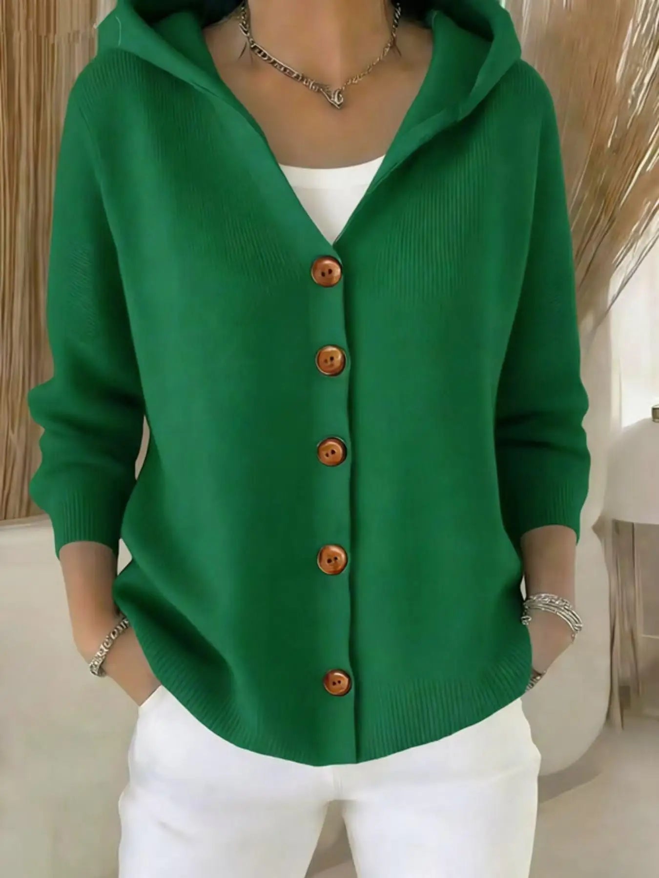 Women's Hooded Knitted Cardigan, Button-Front Loose Fit Knit Jacket