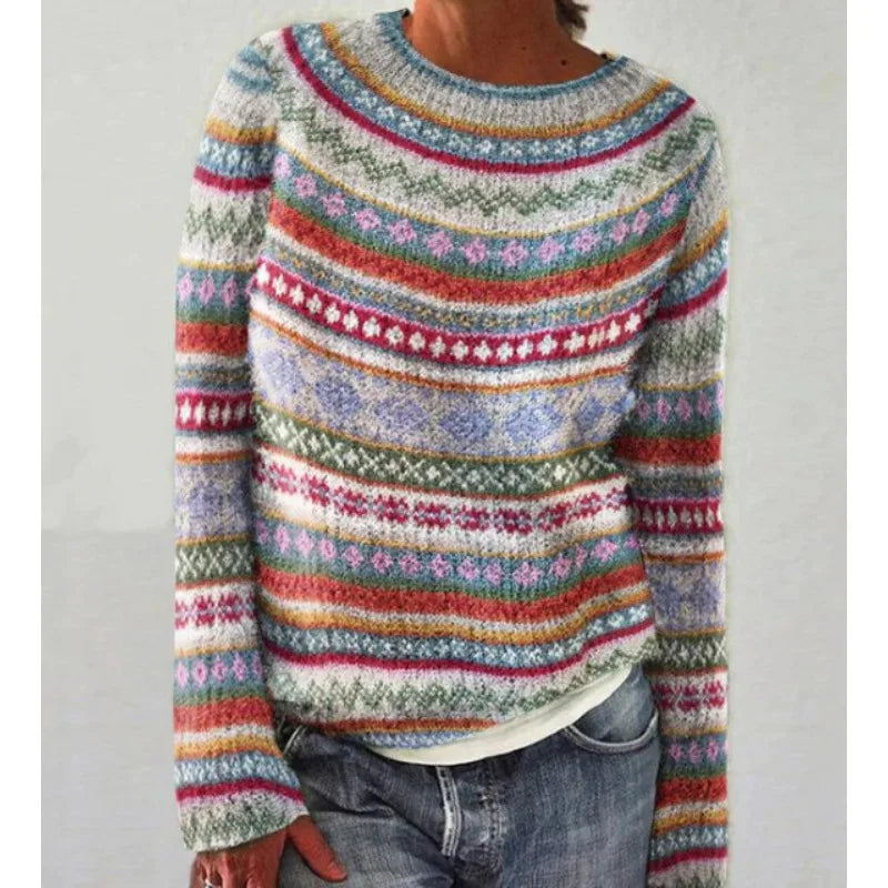 Women's Fair Isle Jumper, Crew Neck Yoke Pattern Loose Fit Knitwear