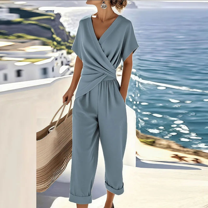 Women's Jumpsuit Woven Fabric Wrap Front V Neck Short Sleeve Cropped
