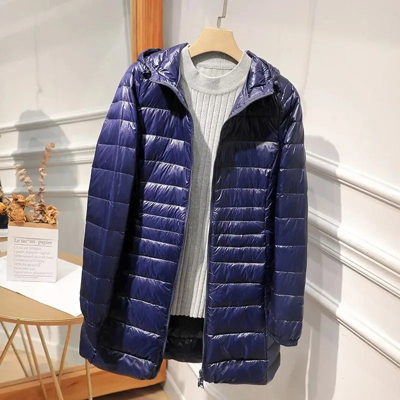 Women's Lightweight Packable Down Jacket, Long Quilted Coat with Stand Collar