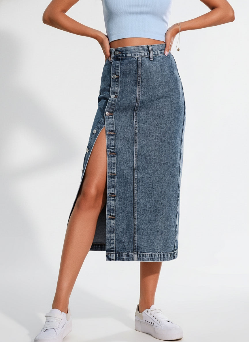 Axelle / Women’s High-Slit Denim Midi Skirt