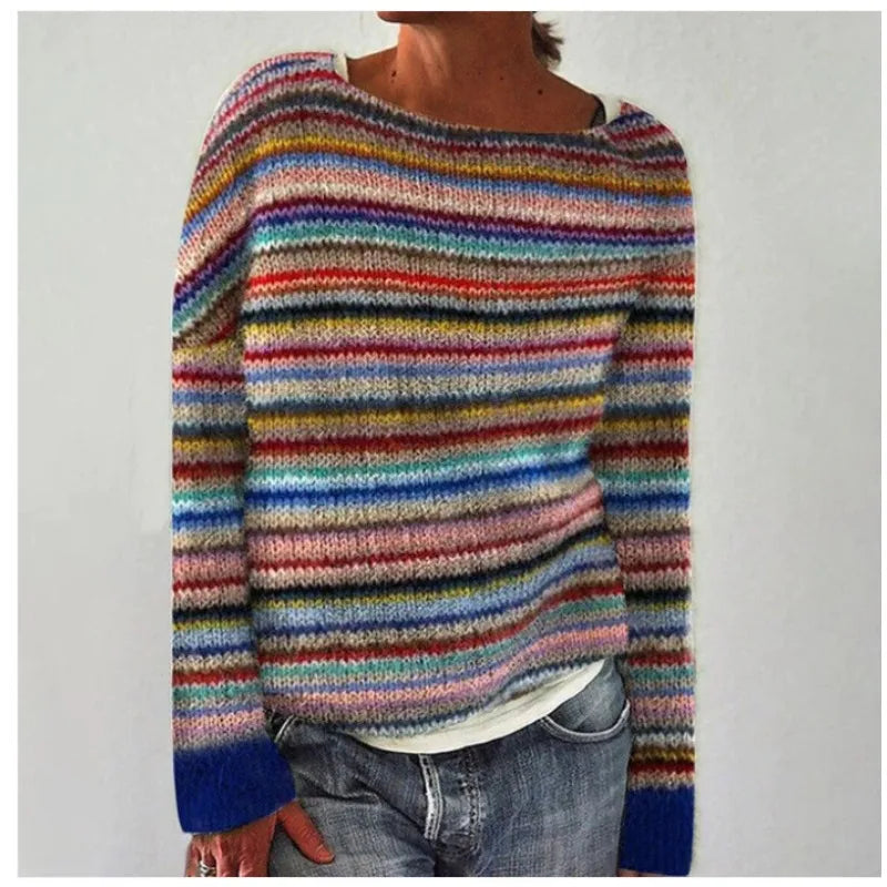 Women's Fair Isle Jumper, Crew Neck Yoke Pattern Loose Fit Knitwear