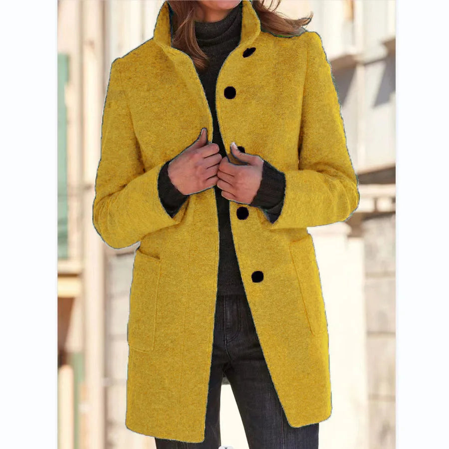 Women's Stand Collar Longline Coat, Single-Breasted Straight Fit Jacket with Pockets