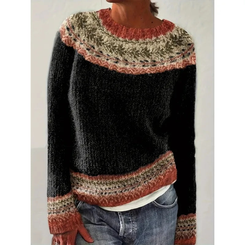 Women's Fair Isle Jumper, Crew Neck Yoke Pattern Loose Fit Knitwear