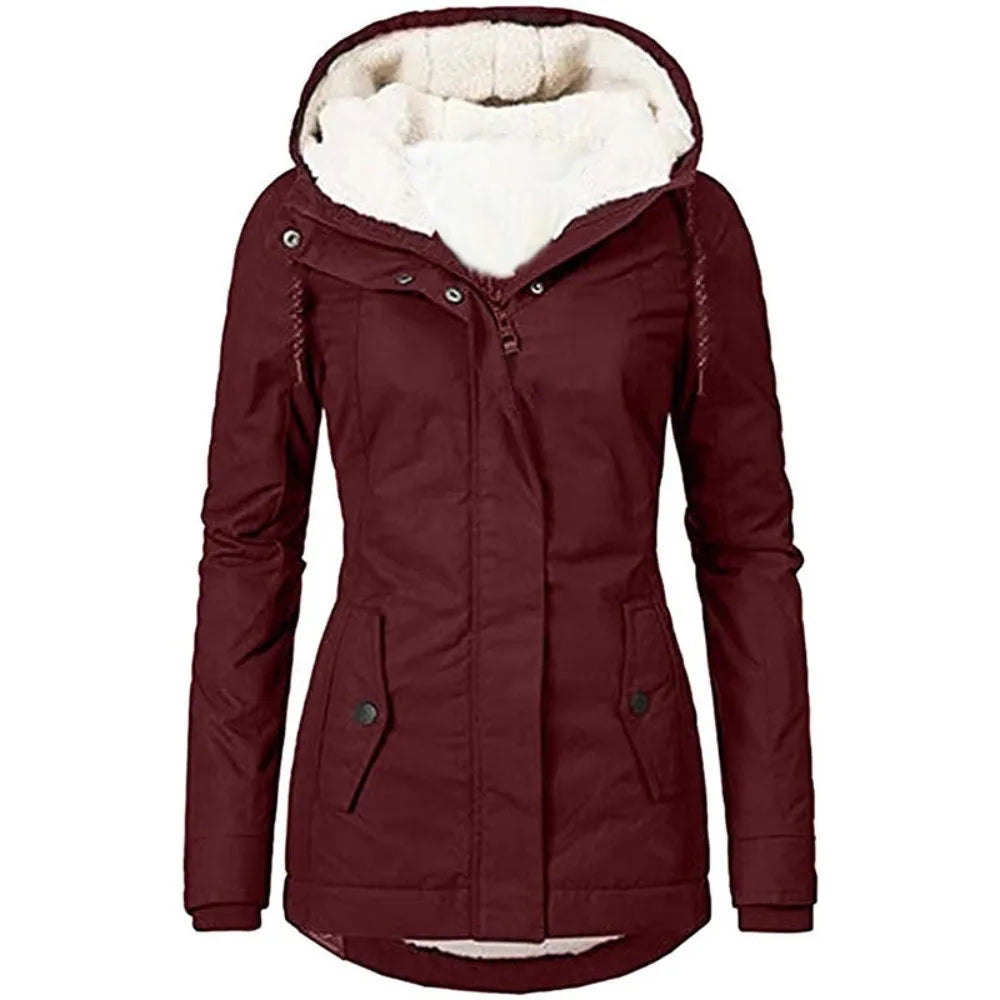 Women's Fleece Lined Hooded Coat, Quilted Winter Jacket with Asymmetric Zip