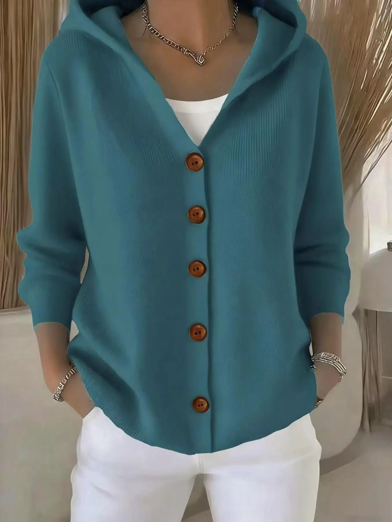 Women's Hooded Knitted Cardigan, Button-Front Loose Fit Knit Jacket