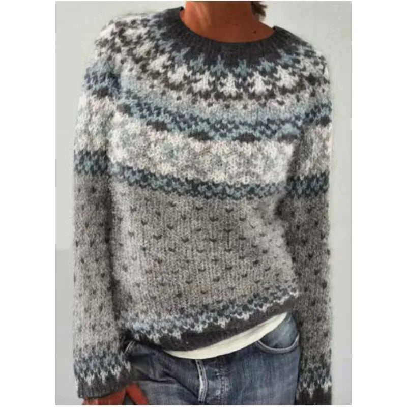 Women's Fair Isle Jumper, Crew Neck Yoke Pattern Loose Fit Knitwear