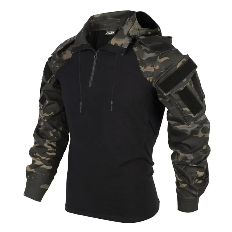 Men's Tactical Combat Jacket, Camo Hooded Pullover with Elbow Pad Detailing