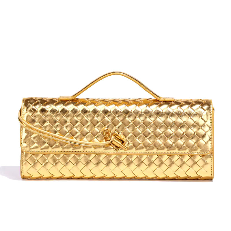 Women’s Woven Faux Leather Clutch Bag with Top Handle, Flap Closure and Metal Fastening