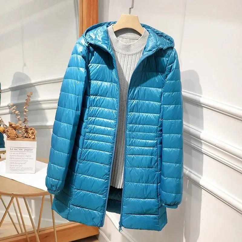 Women's Lightweight Packable Down Jacket, Long Quilted Coat with Stand Collar